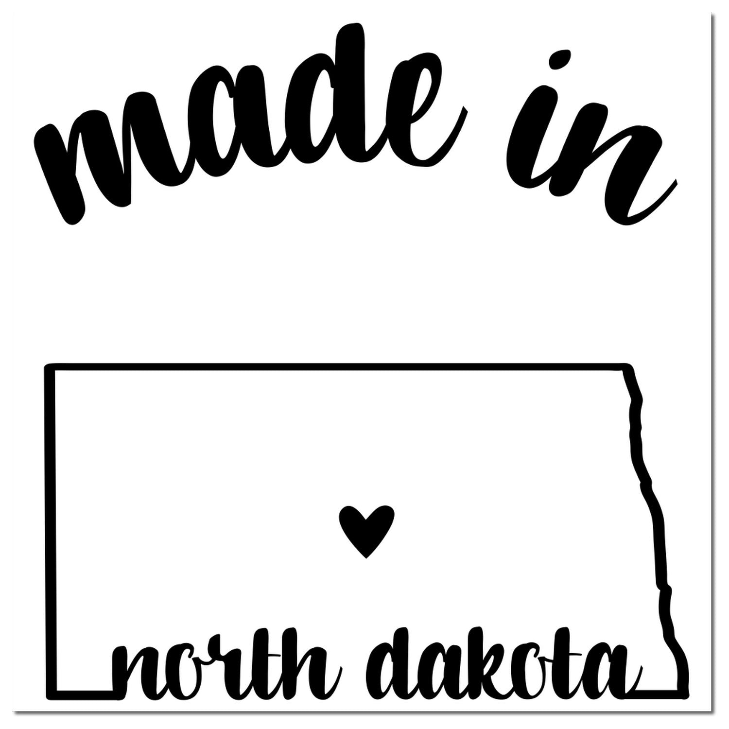 Self-Inking Handmade with Love in North Dakota Stamp featuring 'made in north dakota' text and heart inside state outline. Perfect for crafts and gifts.