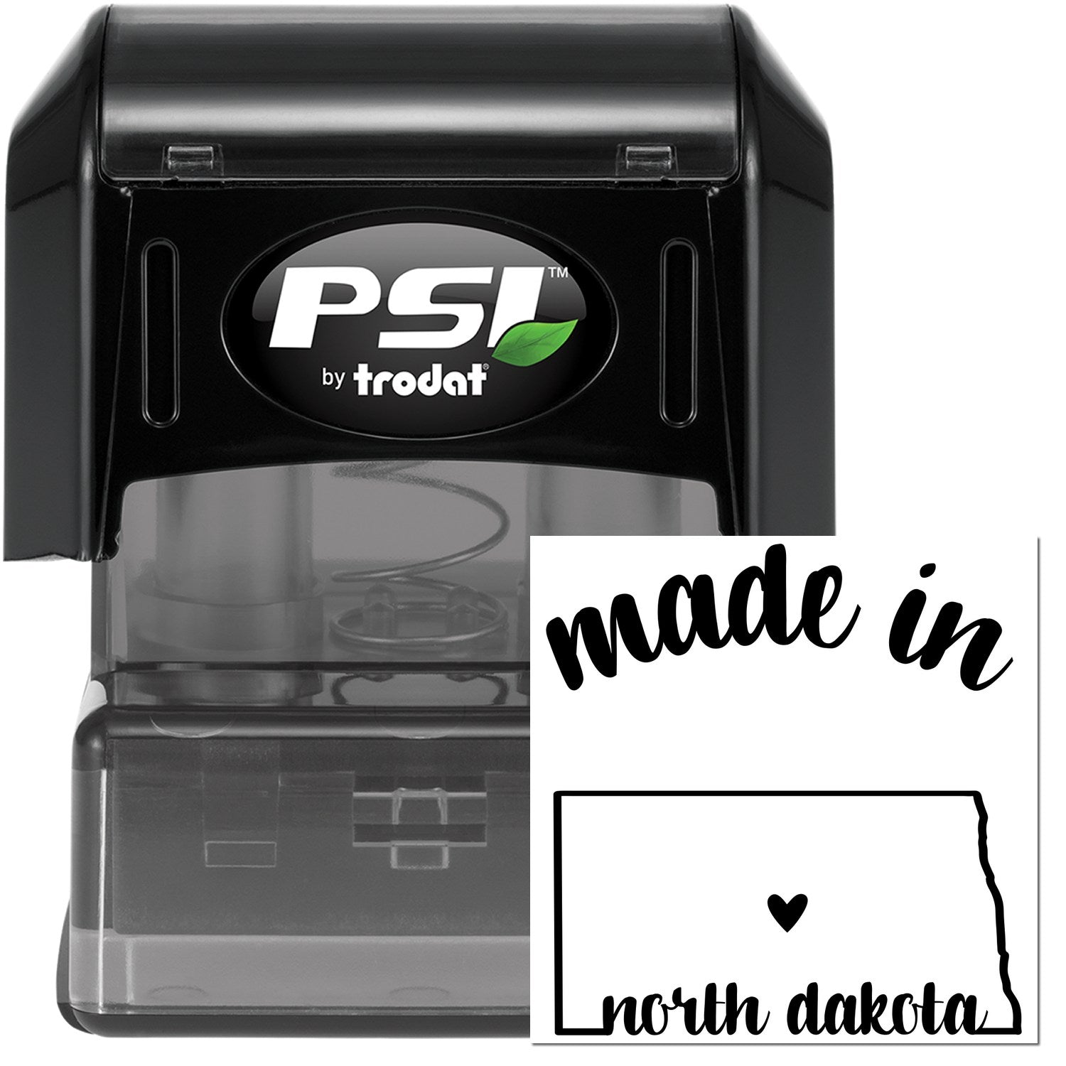 Made in North Dakota Stamp Pre-Inked, featuring a black casing with 'PSI' logo and a stamp design of North Dakota outline with 'made in' and 'north dakota' text.