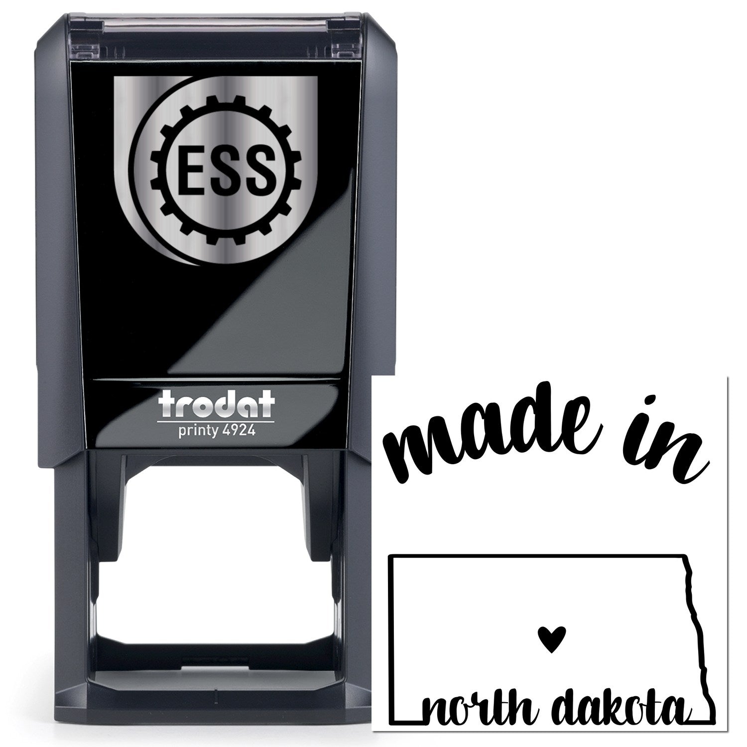 Self-Inking Handmade with Love in North Dakota Stamp featuring a black casing with ESS logo, and a made in North Dakota imprint design. Perfect for personalized crafting and gifts.