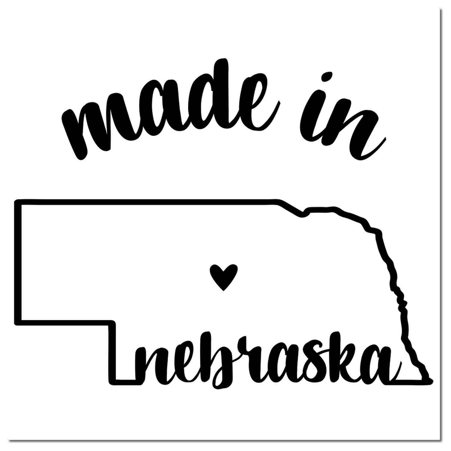 Made in Nebraska Stamp Pre-Inked featuring a black outline of Nebraska with 'made in' above and 'nebraska' below, centered with a heart. Perfect for crafts and branding.