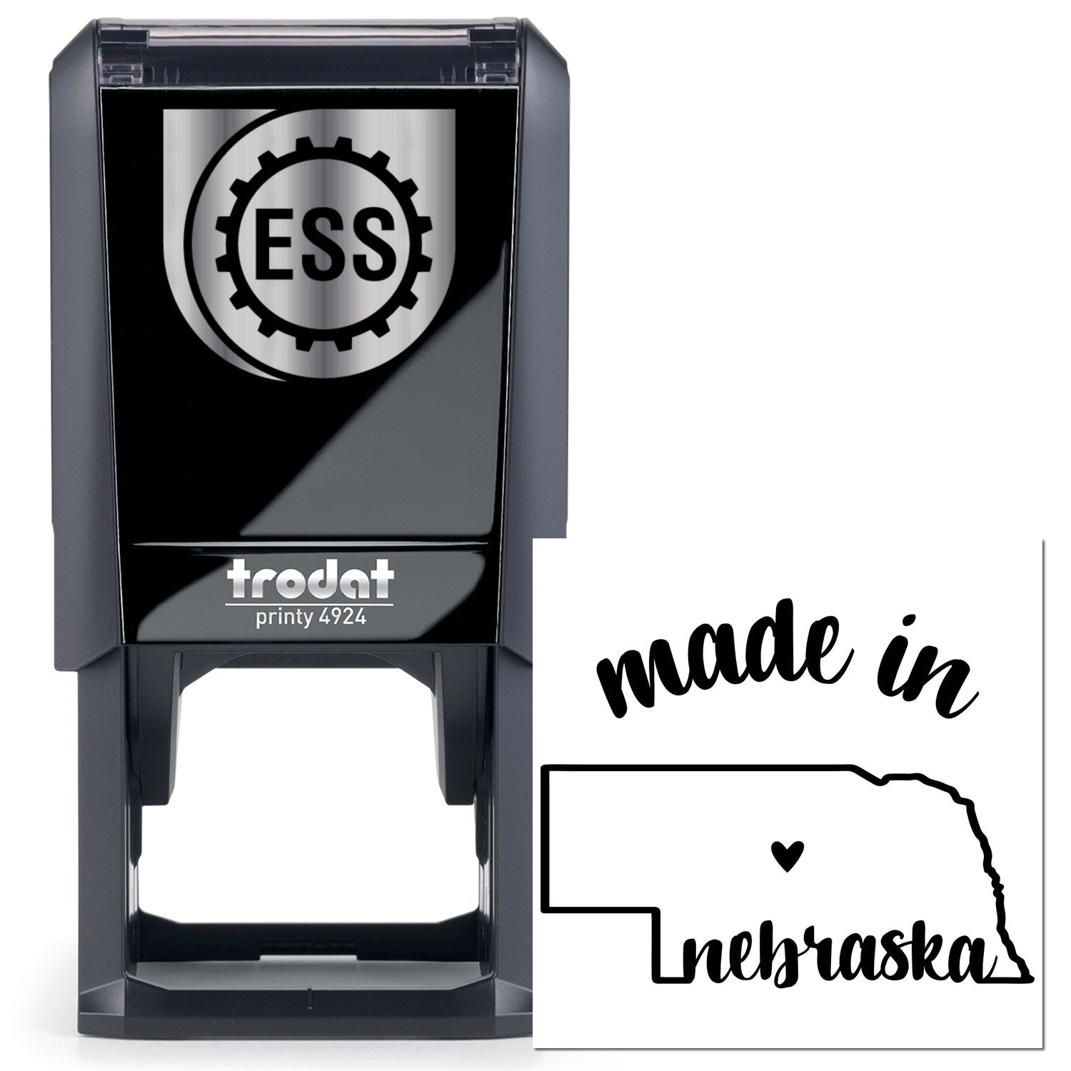 Self-Inking Handmade with Love in Nebraska Stamp featuring a sleek black design with ESS logo, perfect for adding a personal touch to crafts and gifts.