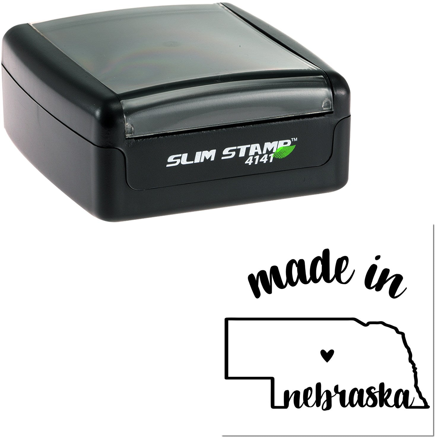 Slim Pre-Inked Stamp Nebraska Made in Stamp, black casing, compact design, with Made in Nebraska imprint. Ideal for efficient, clean stamping.