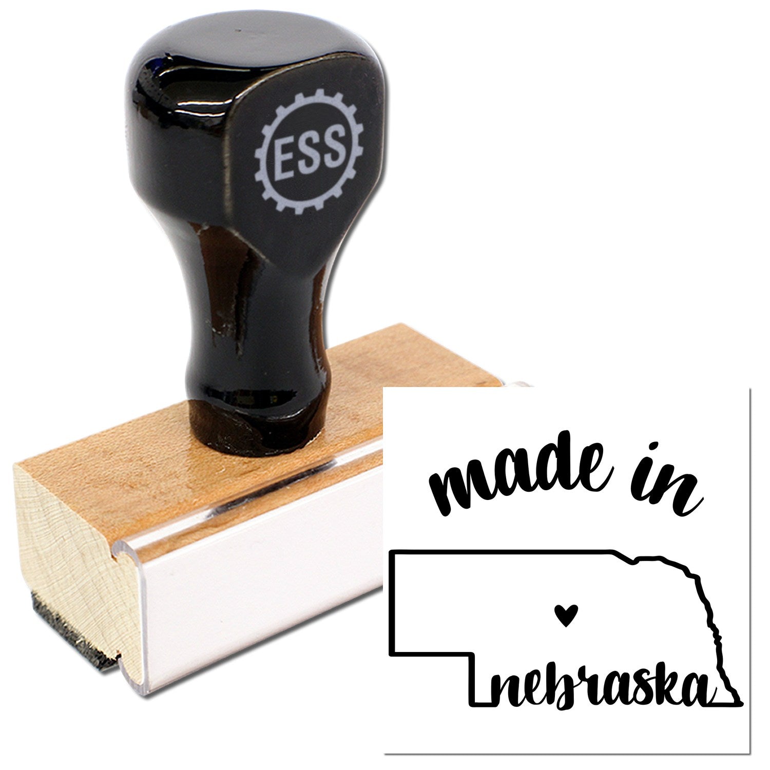 Made with Love in Nebraska Rubber Stamp featuring a wooden handle and black rubber design, showcasing the phrase with a heart and Nebraska outline. Perfect for crafts and personalized projects.