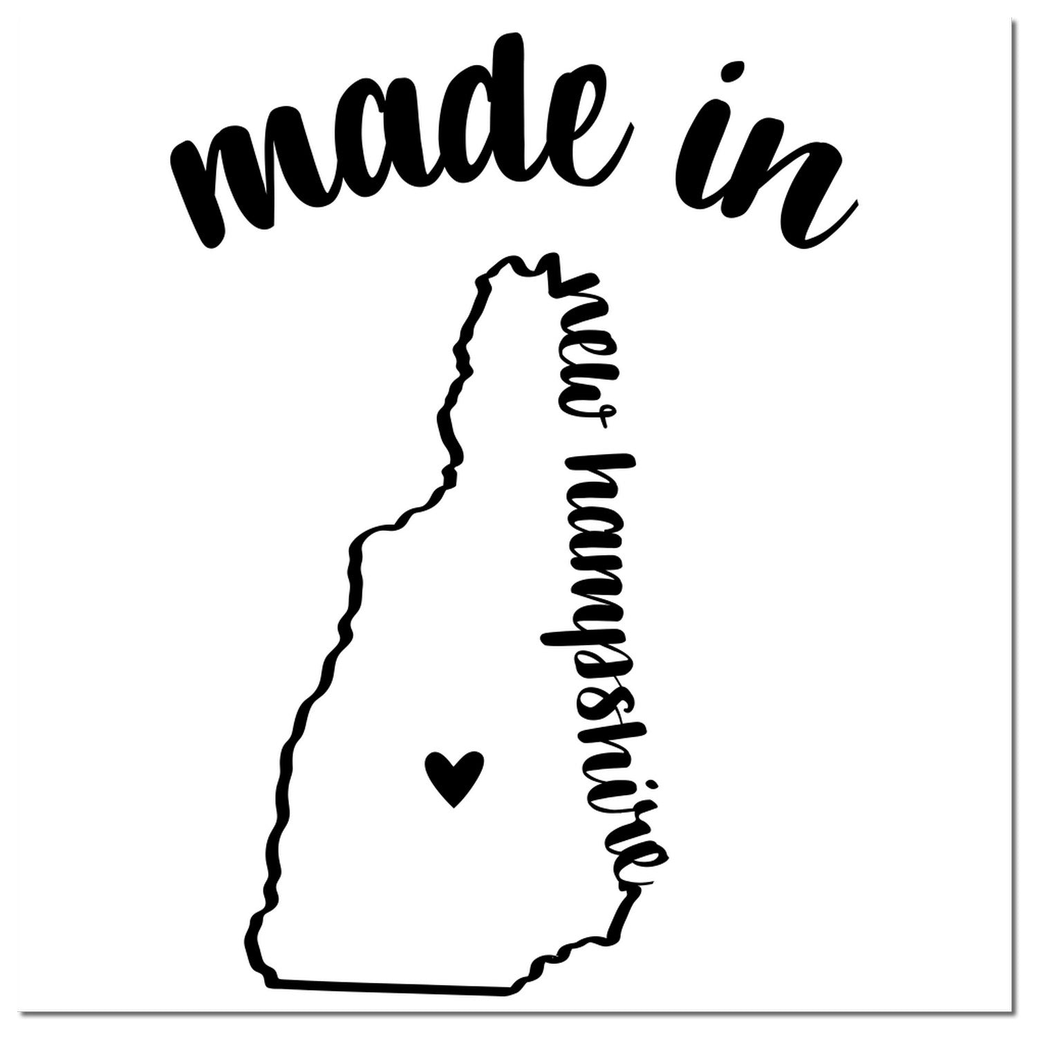 Made with Love in New Hampshire Rubber Stamp featuring a heart inside the state outline, with stylish black script text on a white background.