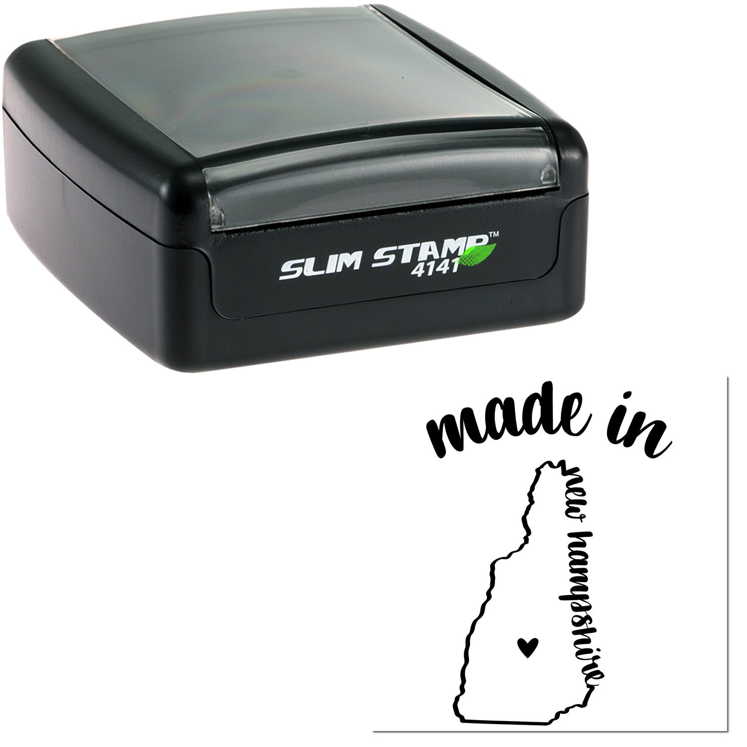 Slim Pre-Inked Stamp New Hampshire Made in Stamp, featuring a compact black design with 'Slim Stamp 4141' branding and a 'made in New Hampshire' imprint with state outline.