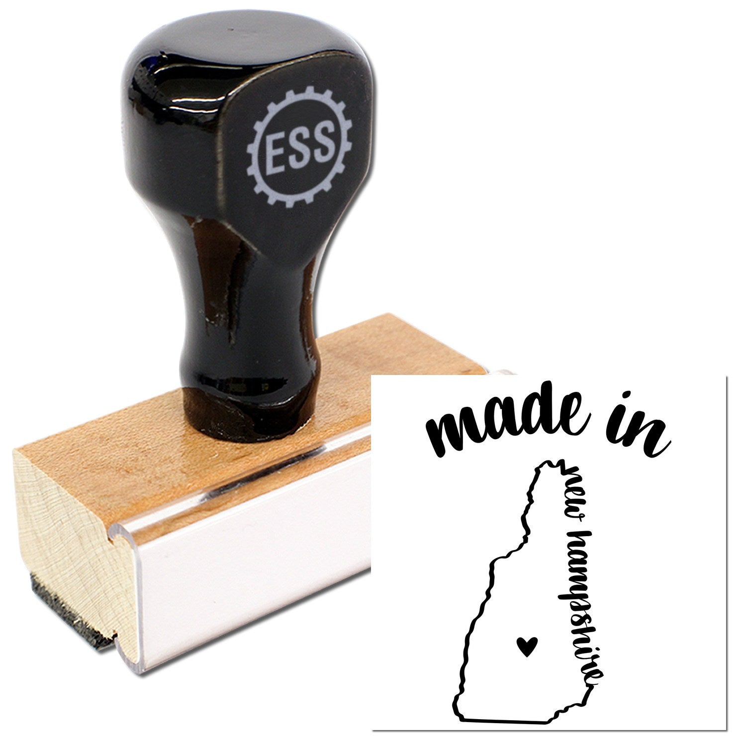 Made with Love in New Hampshire Rubber Stamp featuring a wooden handle and black imprint design of New Hampshire state outline with heart. Perfect for crafts and personalized projects.