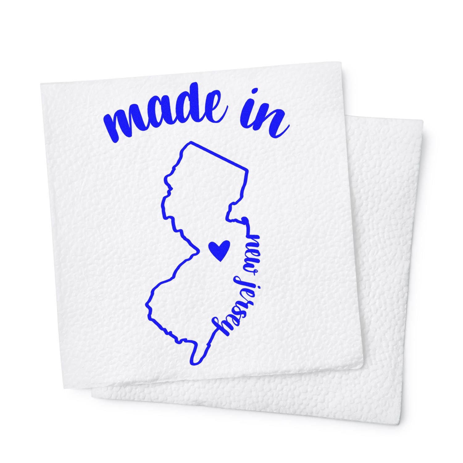 Made with Love in New Jersey Rubber Stamp featuring a blue outline of New Jersey with a heart, perfect for crafts and gifts. High-quality design on a white background.