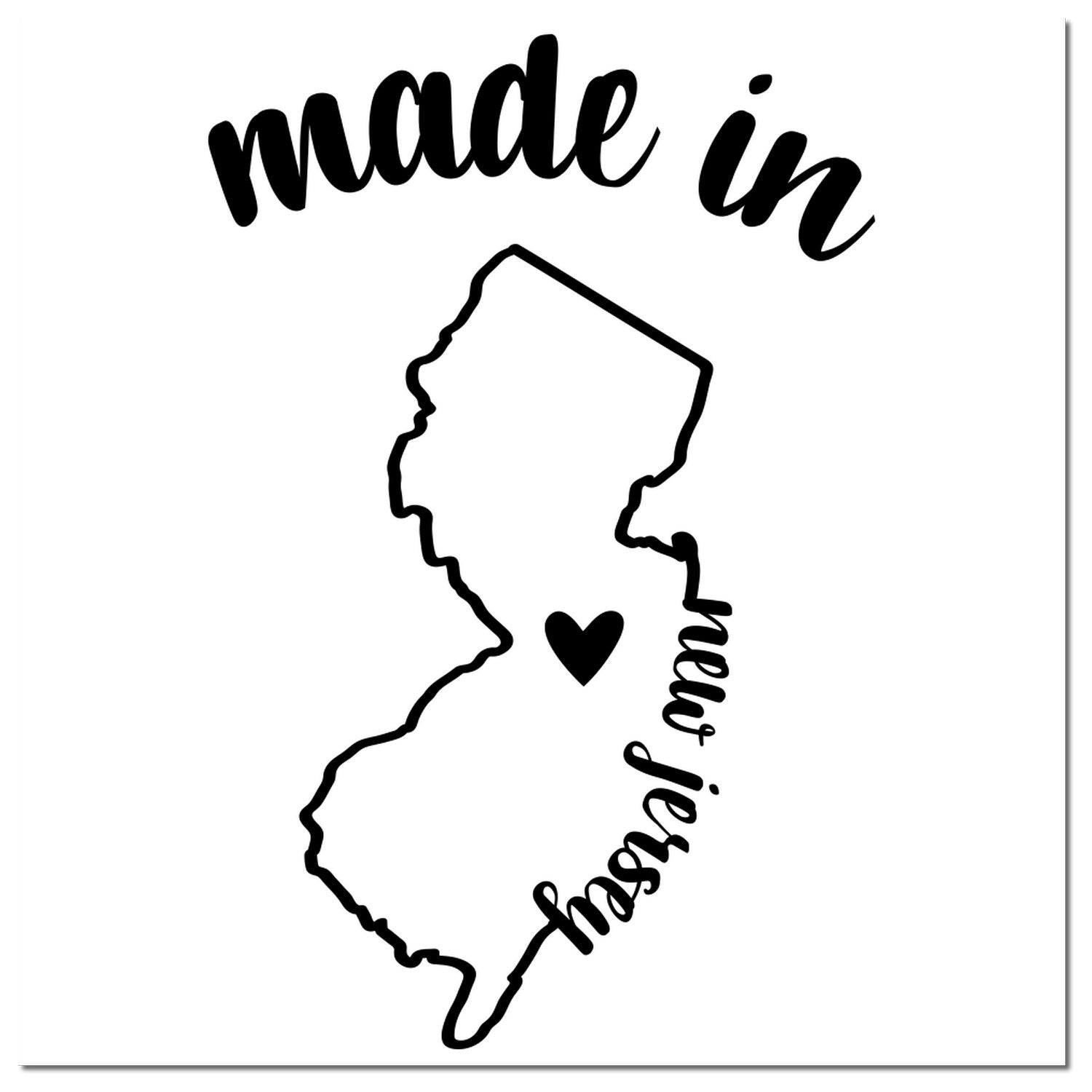 Self-Inking Handmade with Love in New Jersey Stamp featuring a black outline of New Jersey with a heart. Perfect for crafts and gifts.