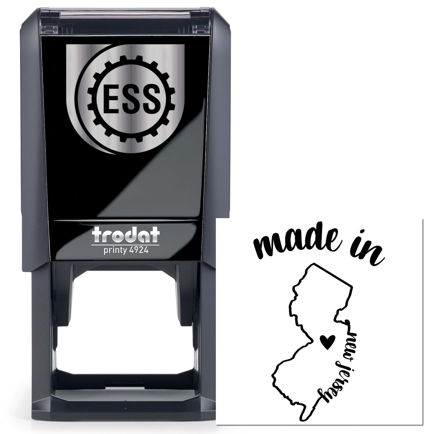 Self-Inking Handmade with Love in New Jersey Stamp featuring a black casing and a map design with heart, perfect for adding a personal touch to crafts and gifts.