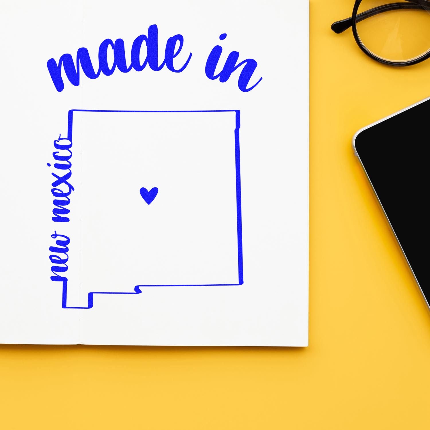 Self-Inking Handmade with Love in New Mexico Stamp featuring a blue outline of New Mexico with a heart, perfect for crafts and gifts.