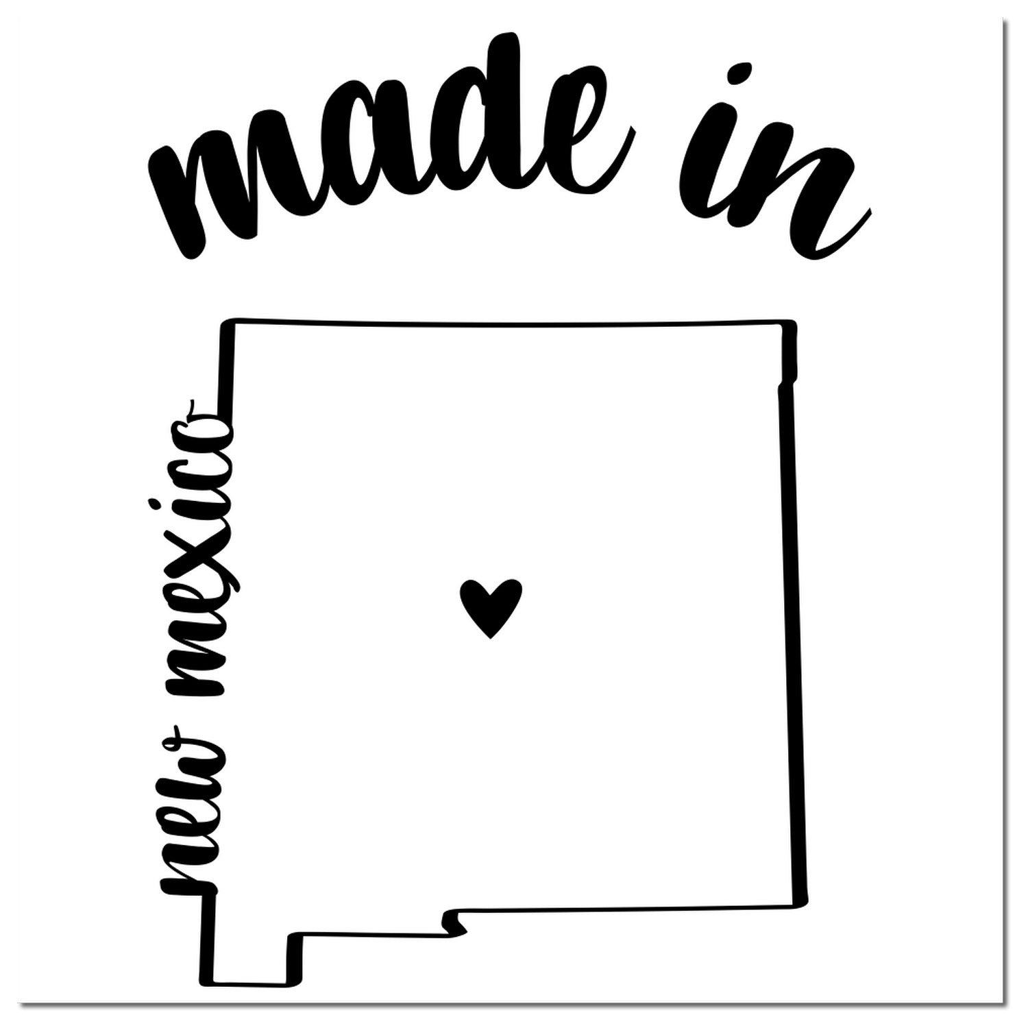 Made with Love in New Mexico Rubber Stamp featuring a heart inside the state outline with 'made in' above and 'new mexico' along the side. Perfect for crafts and gifts.