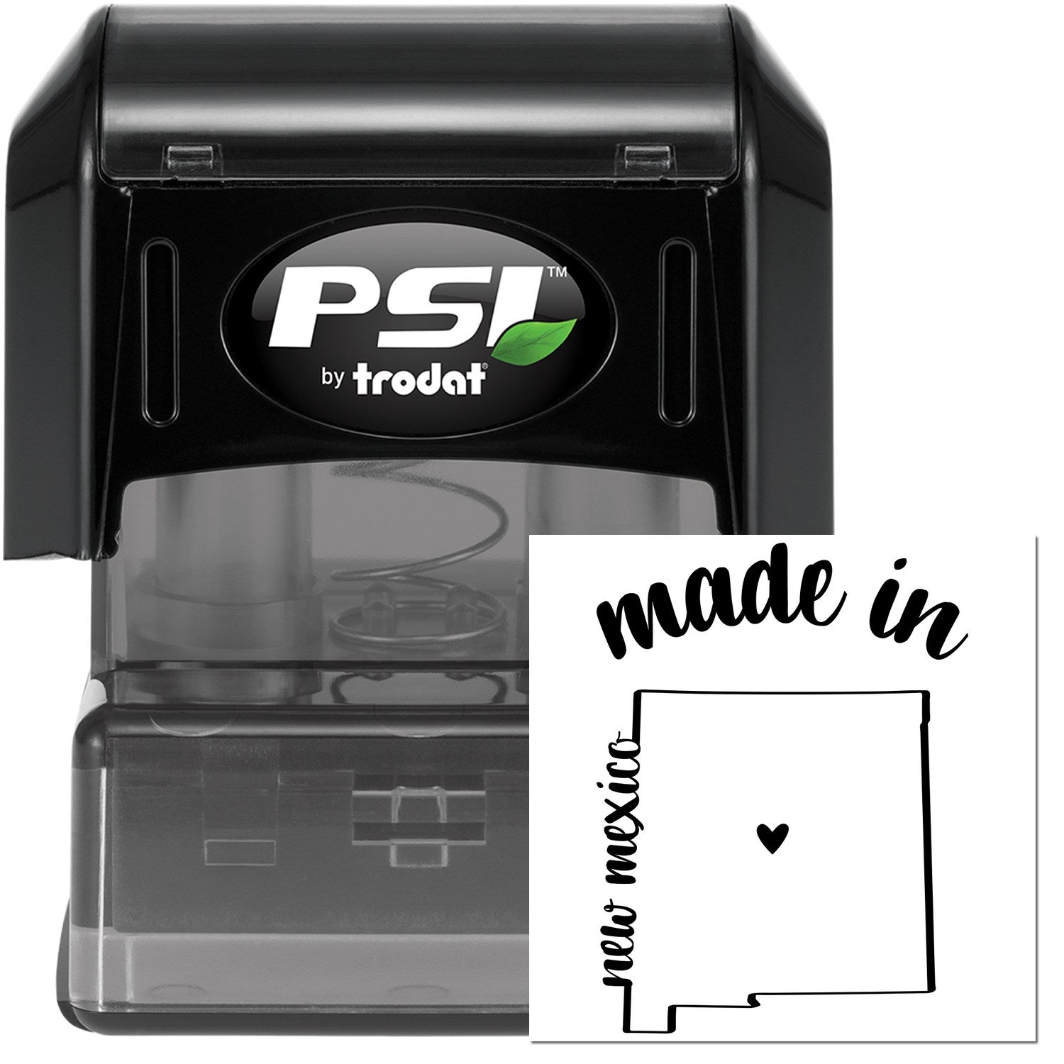 Made in New Mexico Stamp Pre-Inked, featuring a black casing with a map outline and heart design, perfect for adding a personal touch to crafts and documents.