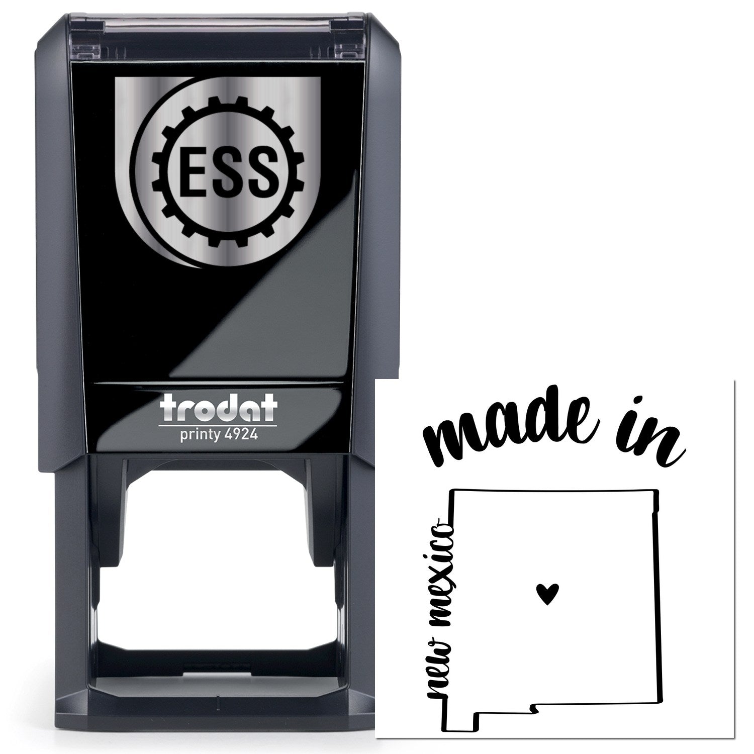 Self-Inking Handmade with Love in New Mexico Stamp featuring a sleek black design with ESS logo, perfect for adding a personal touch to crafts and gifts.