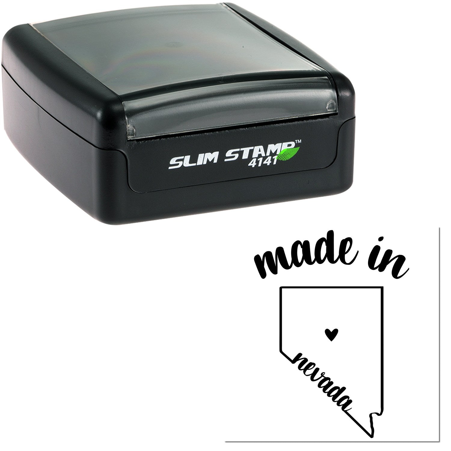 Slim Pre-Inked Stamp Nevada Made in Stamp, featuring a compact black design with 'Slim Stamp 4141' branding, and a 'Made in Nevada' imprint with a heart inside the state outline.