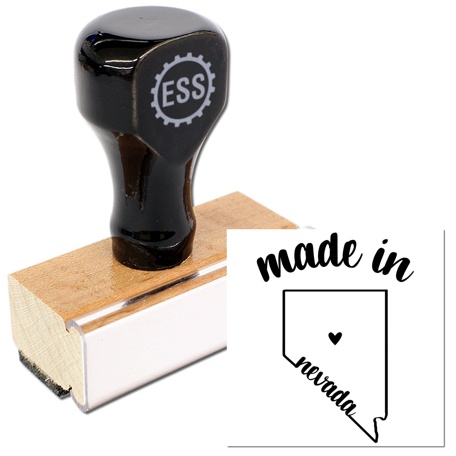 Made with Love in Nevada Rubber Stamp featuring a wooden handle and black top with ESS logo, alongside a stamped design of Nevada state outline with 'made in Nevada' text.