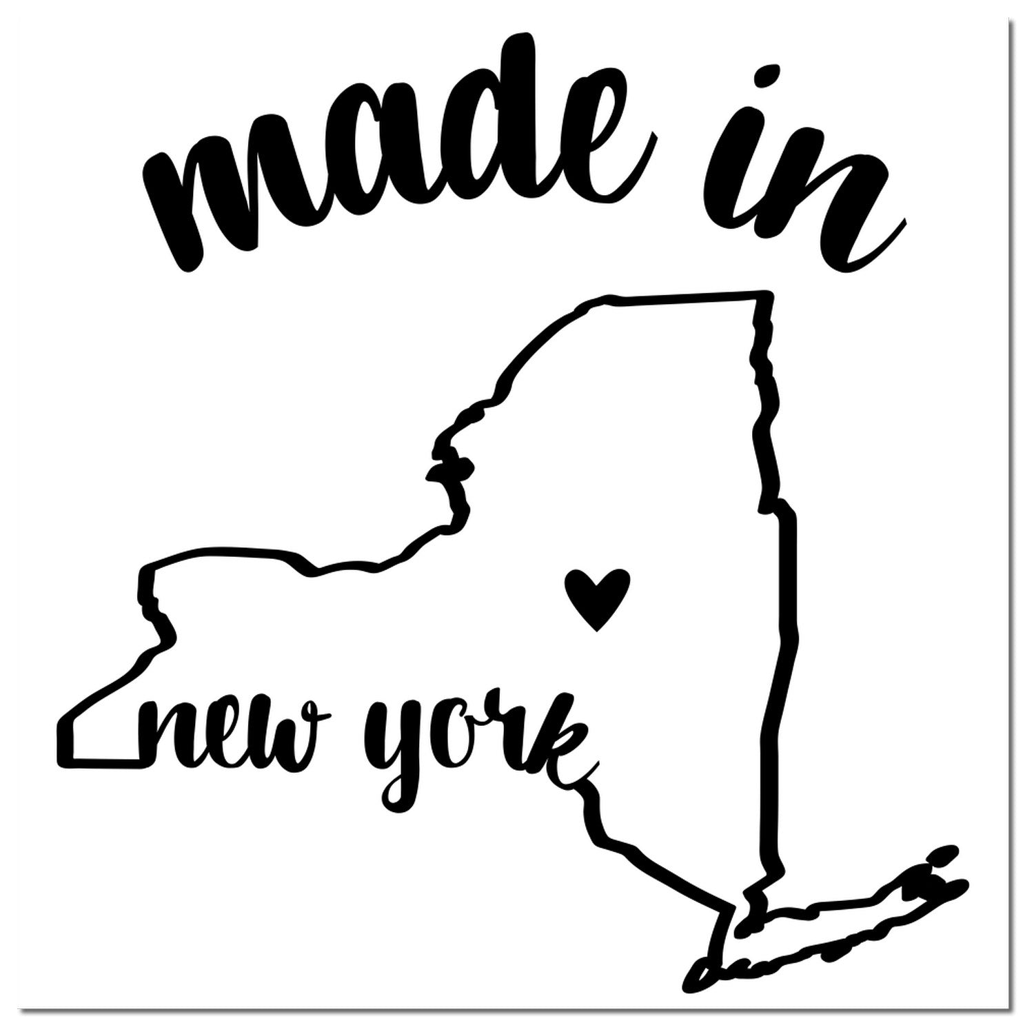 Made in New York Stamp Pre-Inked featuring a black outline of New York state with a heart symbol, and stylish 'made in new york' text above and below the map.