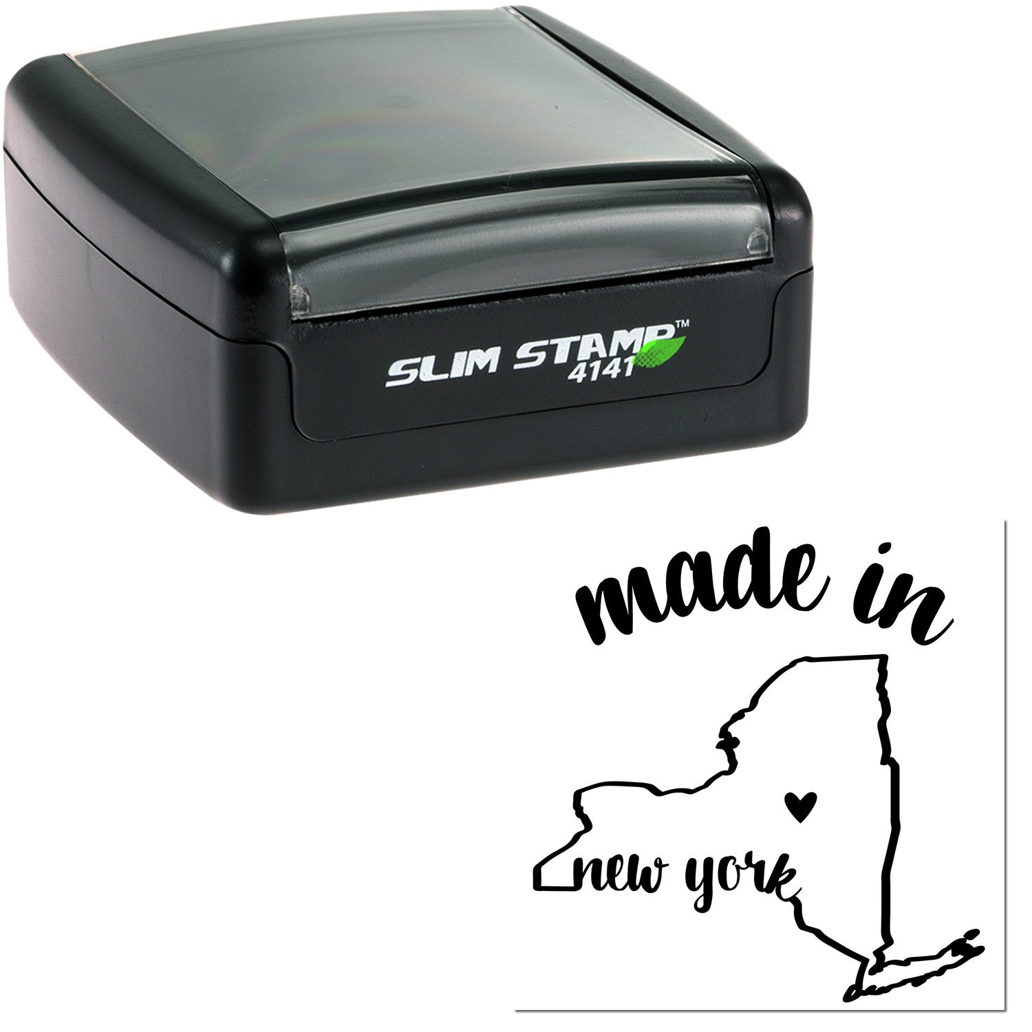 Slim Pre-Inked Stamp New York Made in Stamp, featuring a sleek black design with Made in New York imprint and state outline. Ideal for efficient, high-quality stamping.