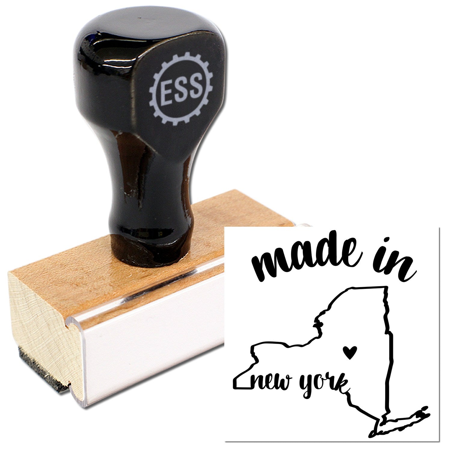 Made with Love in New York Rubber Stamp featuring a wooden handle and black rubber design, showcasing the phrase 'made in New York' with a heart and state outline.