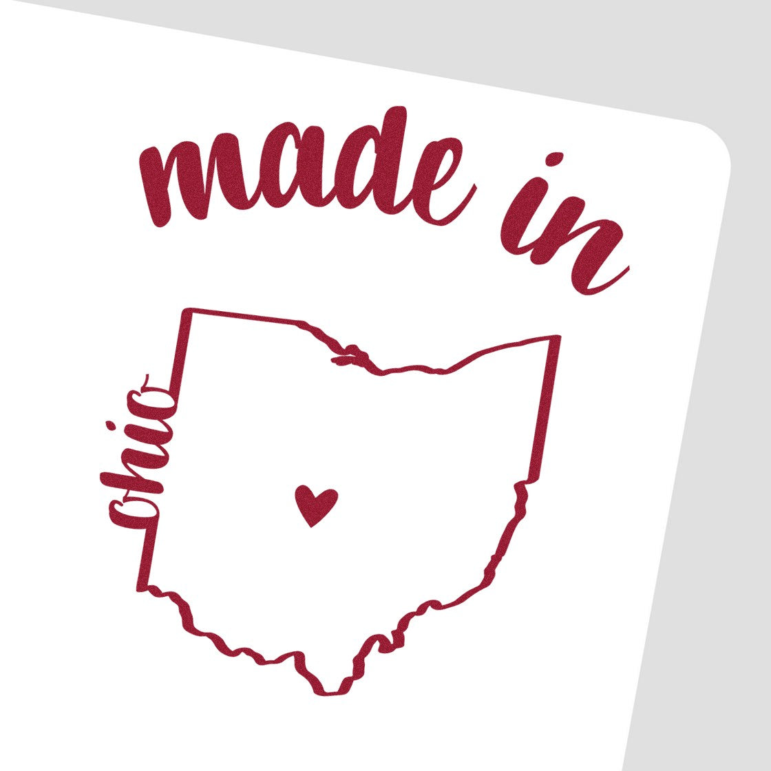 Made with Love in Ohio Rubber Stamp featuring a red outline of Ohio with a heart, and 'made in' text, perfect for crafts and gifts.