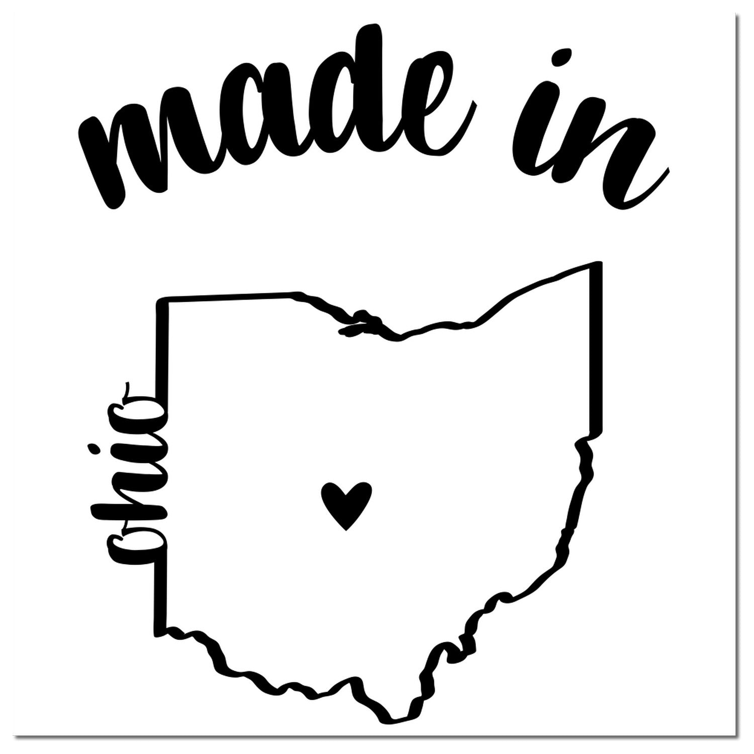 Self-Inking Handmade with Love in Ohio Stamp featuring a black outline of Ohio with a heart and 'made in' text, perfect for crafts and gifts.