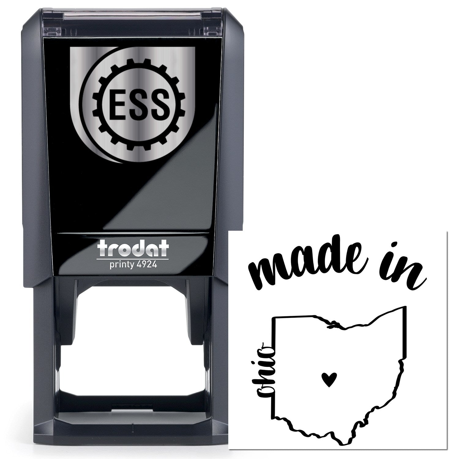 Self-Inking Handmade with Love in Ohio Stamp featuring a black casing and made in Ohio design with heart. Perfect for crafts and gifts.