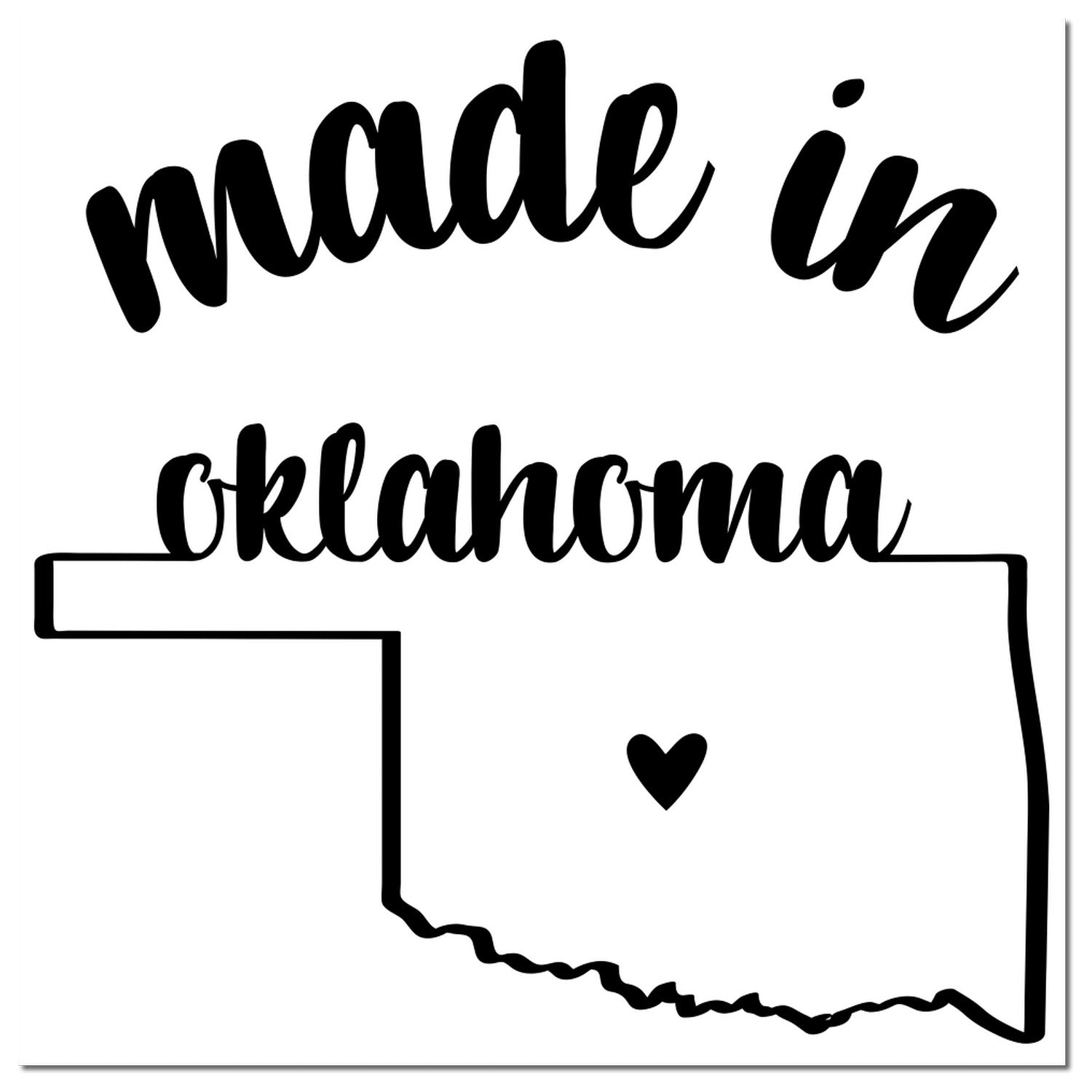 Slim Pre-Inked Stamp Oklahoma Made in Stamp featuring 'made in oklahoma' text with state outline and heart, black design on white background.