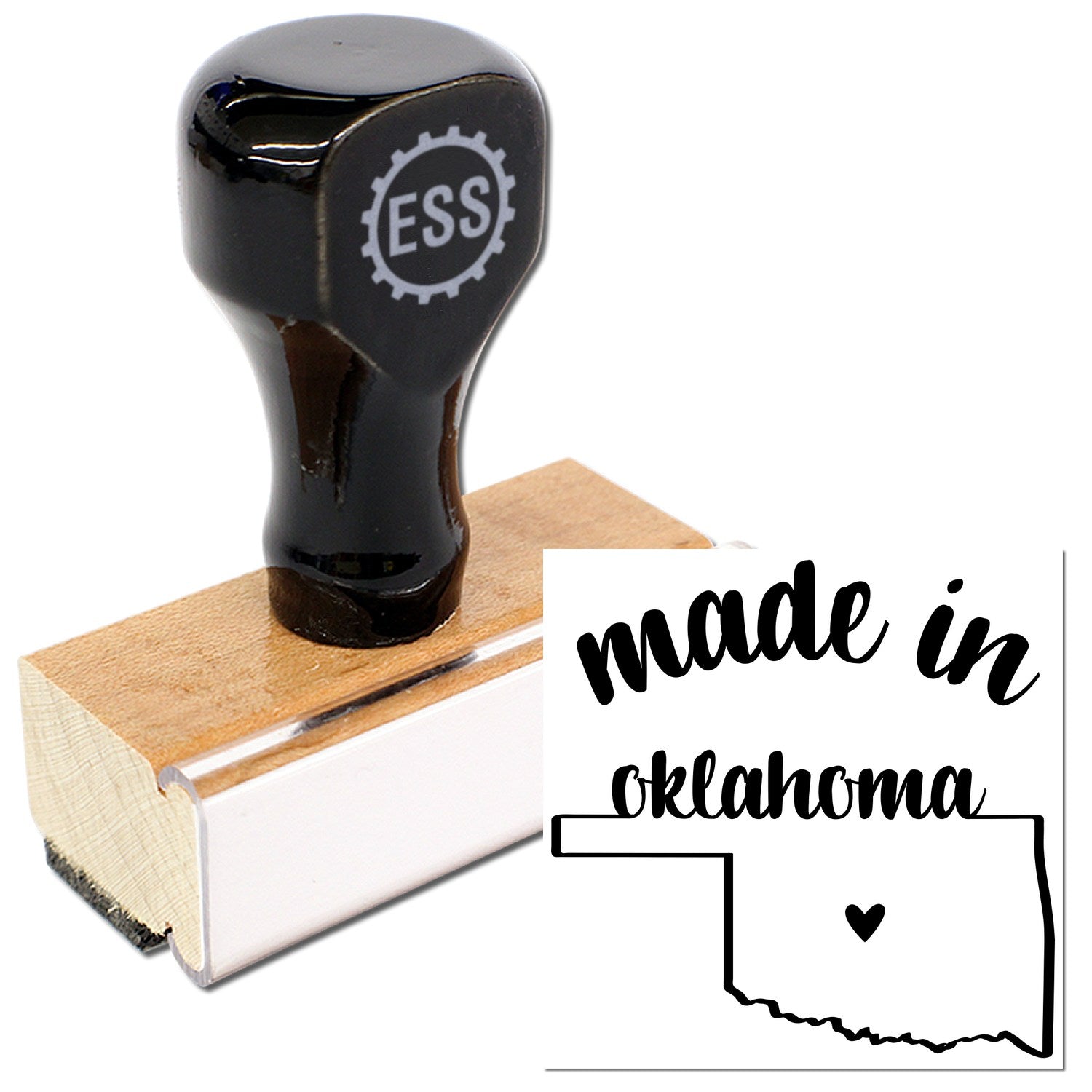 Made with Love in Oklahoma Rubber Stamp featuring a wooden handle and black top, alongside a design of Oklahoma state outline with 'made in oklahoma' text and heart symbol.