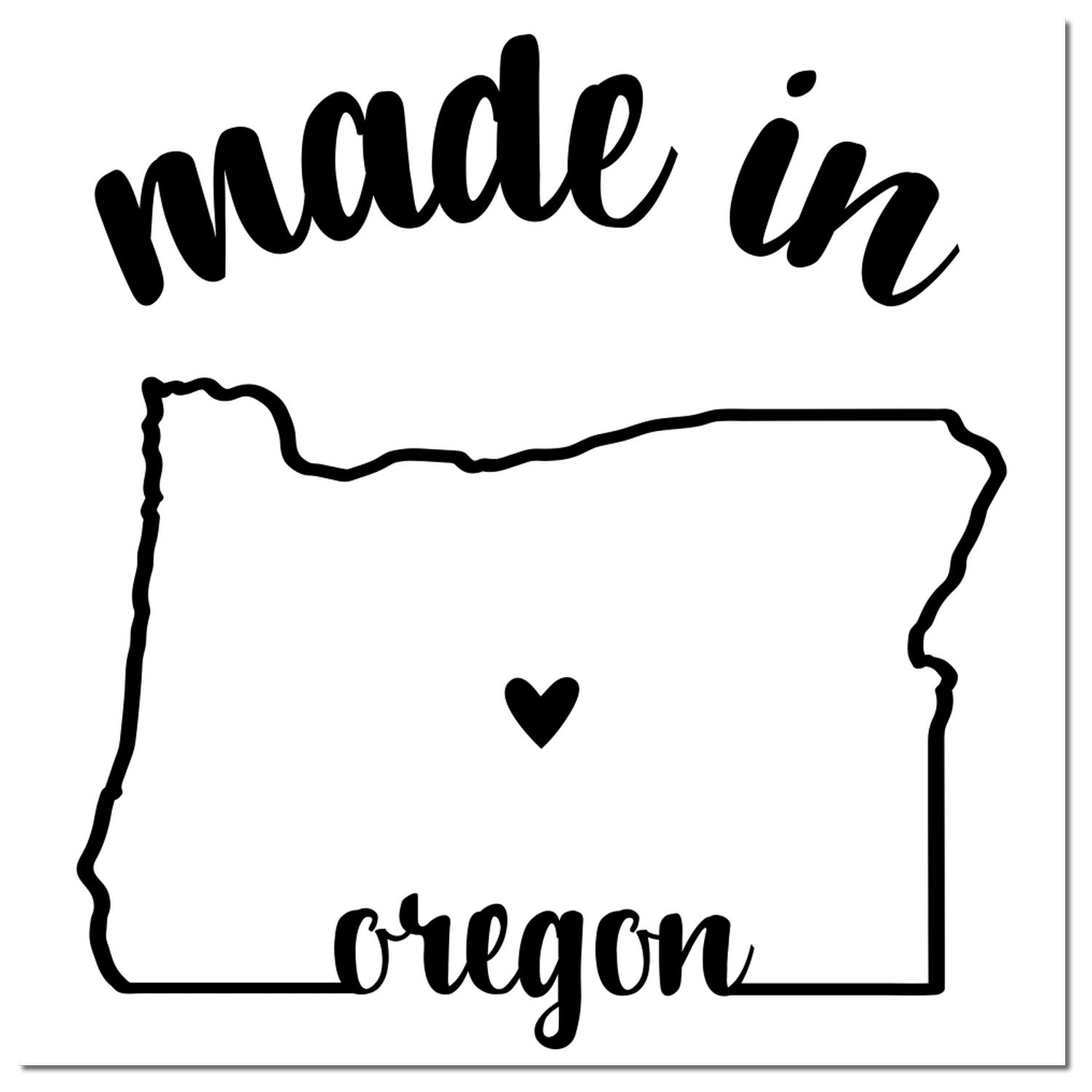 Self-Inking Handmade with Love in Oregon Stamp featuring a black outline of Oregon with a heart in the center, and the text made in Oregon in a stylish font. Perfect for crafts and gifts.