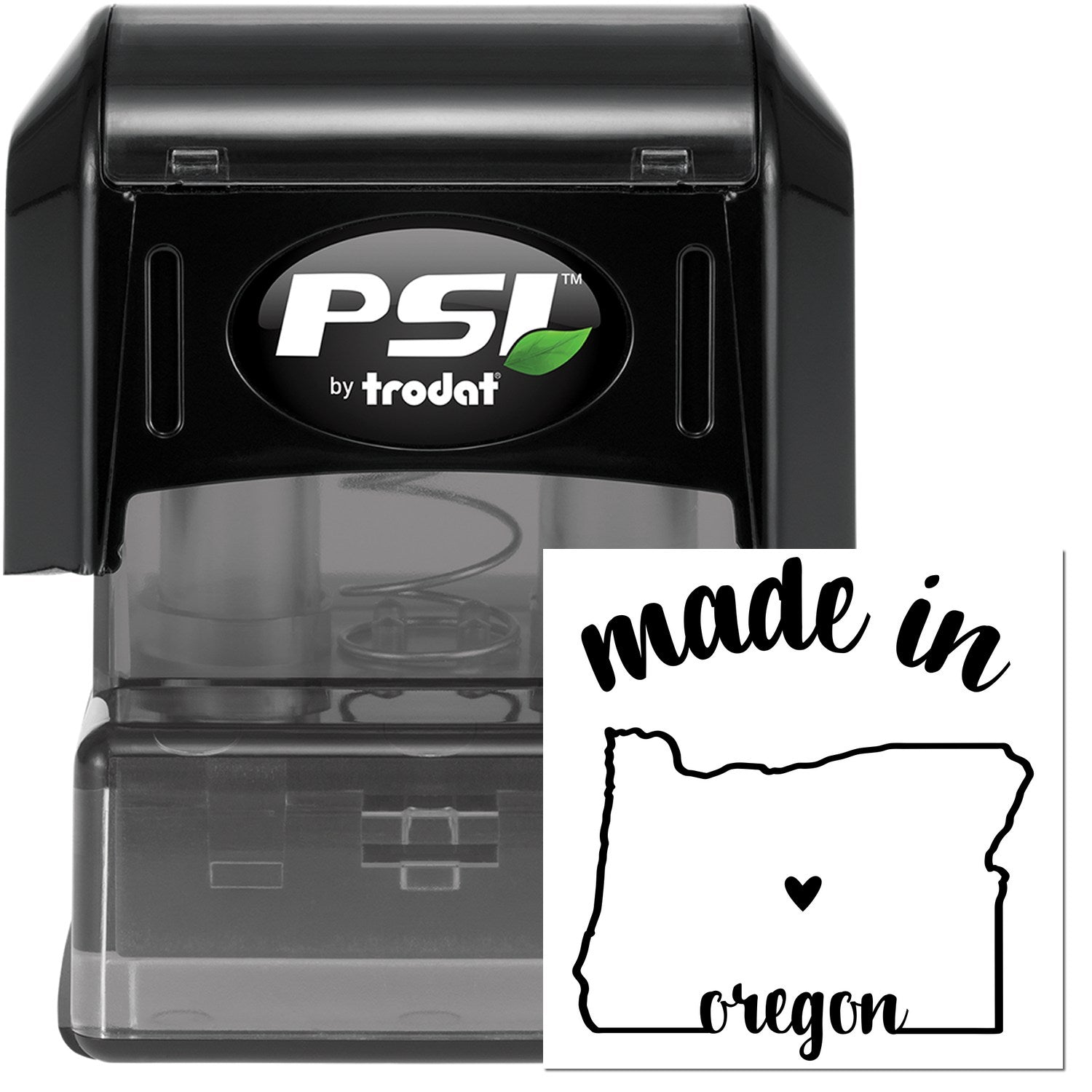 Made in Oregon Stamp Pre-Inked, featuring a black casing with a map outline of Oregon and 'made in Oregon' text, ideal for crafting and branding.