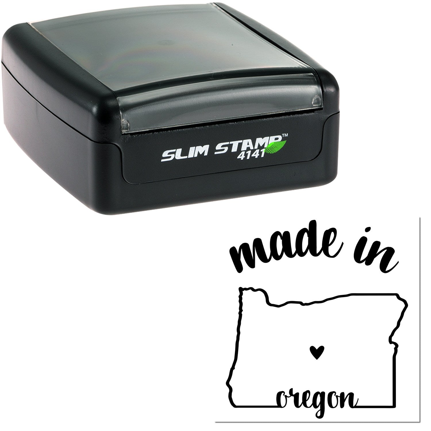 Slim Pre-Inked Stamp Oregon Made in Stamp, black casing, compact design, with 'made in Oregon' graphic featuring state outline and heart. Ideal for efficient, clean stamping.