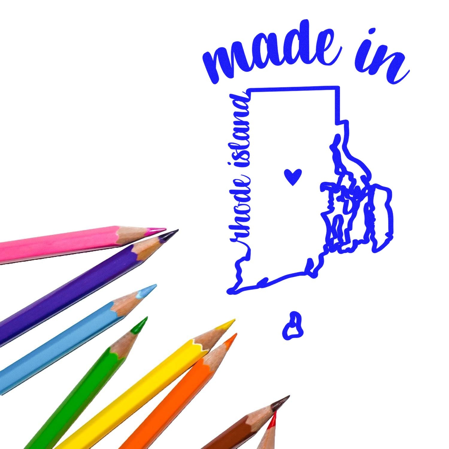 Slim Pre-Inked Stamp Rhode Island Made in Stamp with blue state outline and heart, next to colorful pencils. Perfect for crafts and personalization.