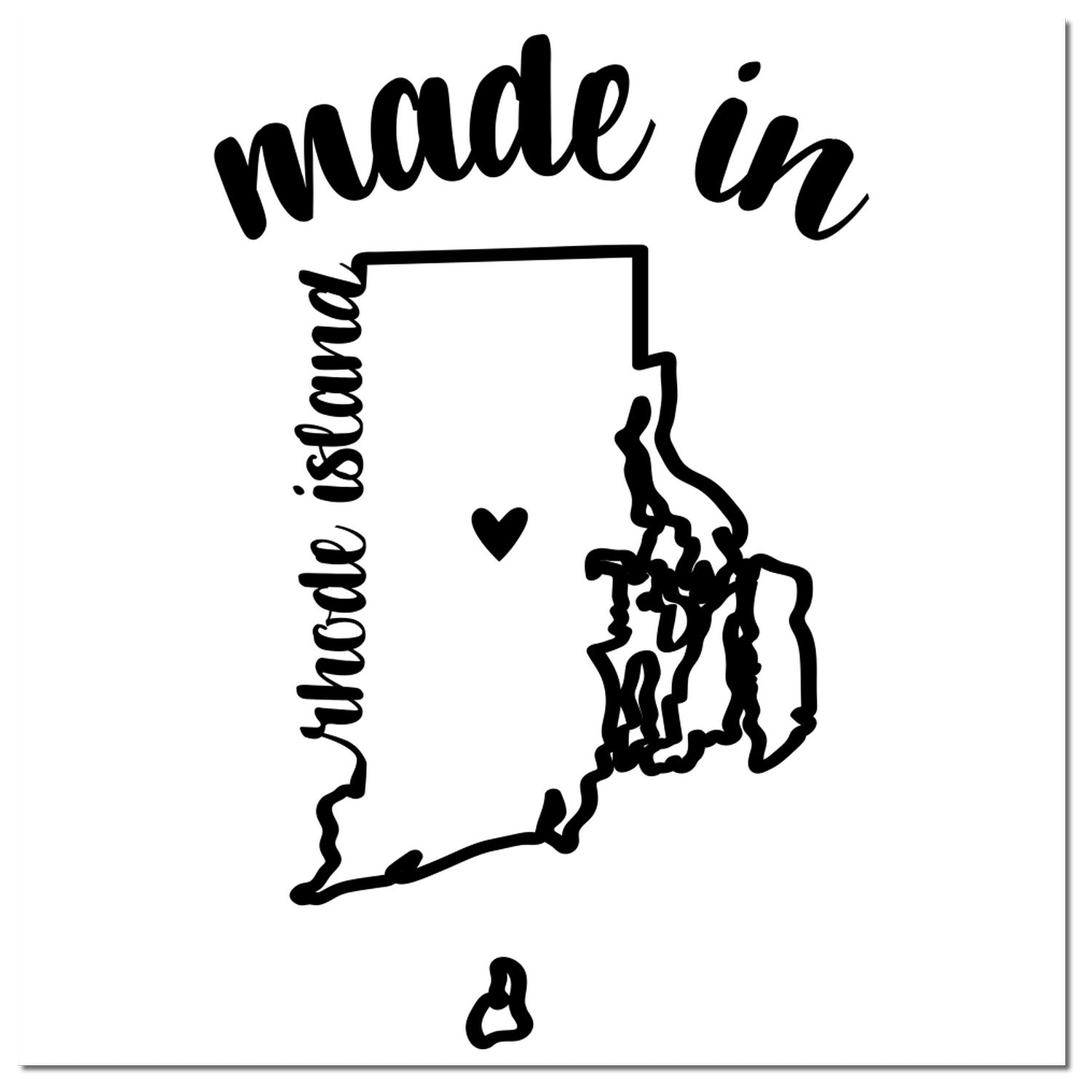 Self-Inking Handmade with Love in Rhode Island Stamp featuring a black outline of Rhode Island with a heart, 'made in' text above, and 'rhode island' text vertically on the side.