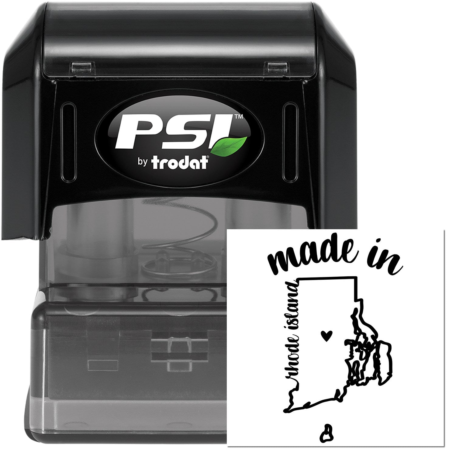 Made in Rhode Island Stamp Pre-Inked, featuring a black casing with a map outline and 'made in Rhode Island' text, ideal for crafting and branding.