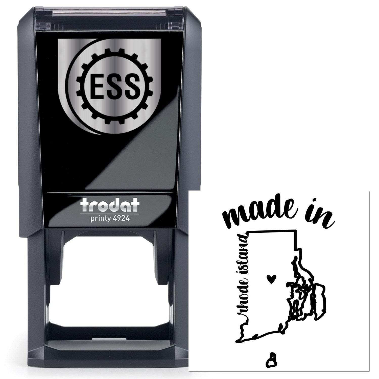 Self-Inking Handmade with Love in Rhode Island Stamp featuring a sleek black design with ESS logo, perfect for adding a personal touch to crafts and gifts.