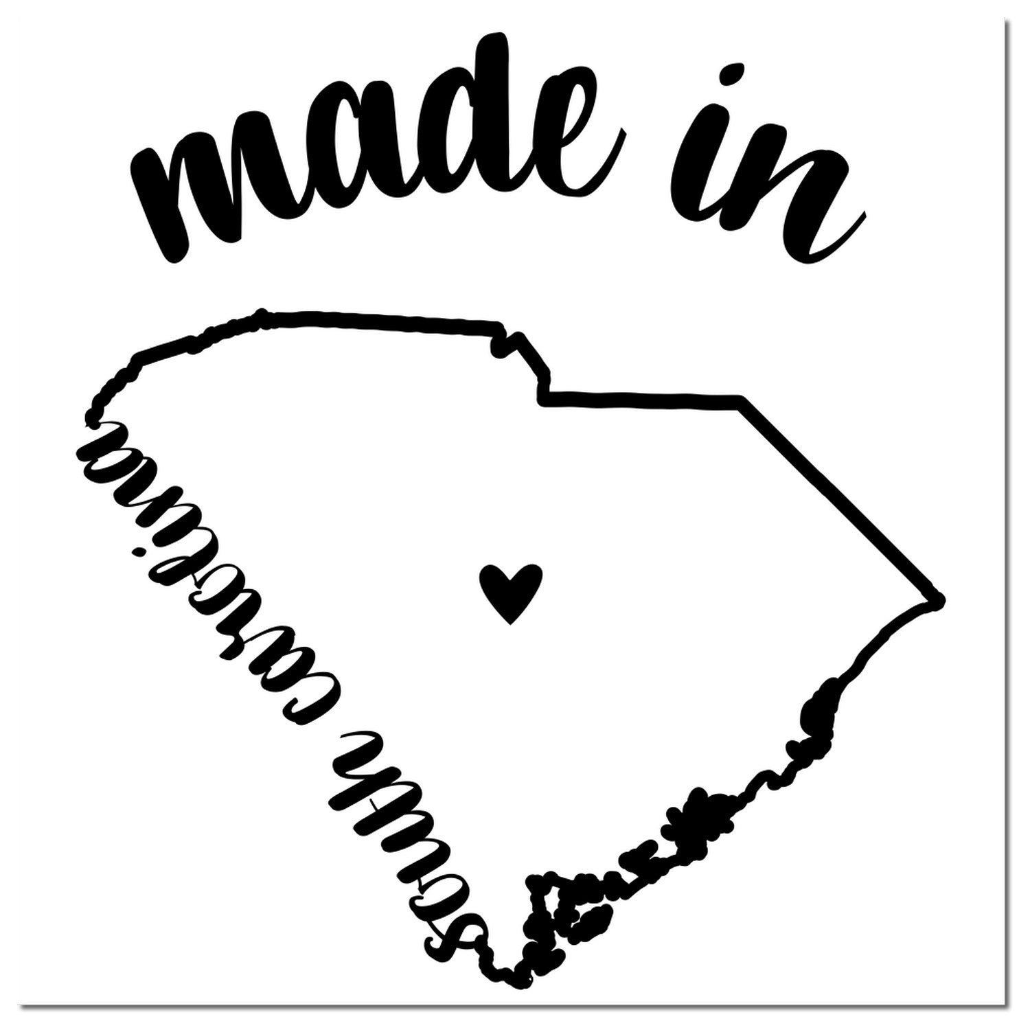 Made with Love in South Carolina Rubber Stamp featuring a heart inside the state outline, with 'made in' text above and 'South Carolina' below, in black ink on a white background.