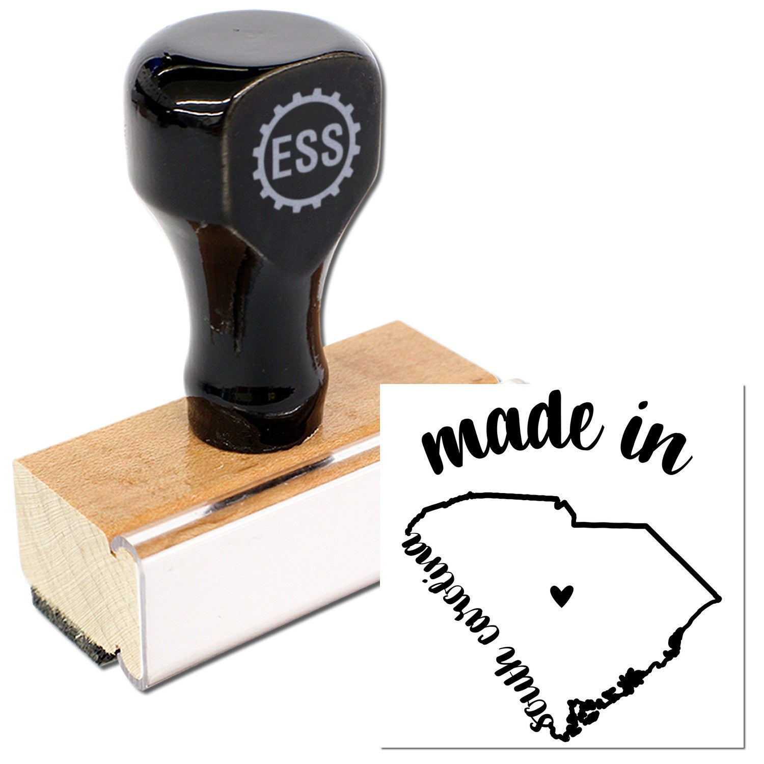 Made with Love in South Carolina Rubber Stamp featuring a wooden handle and black design, including a heart and state outline. Perfect for crafts and personalized projects.