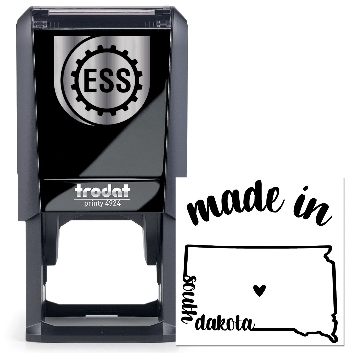 Self-Inking Handmade with Love in South Dakota Stamp featuring a black casing and custom design, perfect for adding a personal touch to crafts and gifts.