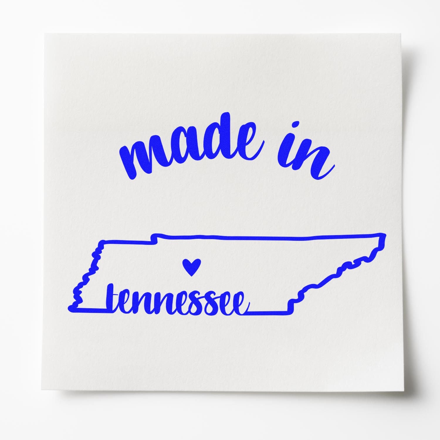 Self-Inking Handmade with Love in Tennessee Stamp featuring a blue outline of Tennessee with 'made in Tennessee' text, perfect for crafts and gifts. Durable and easy to use.