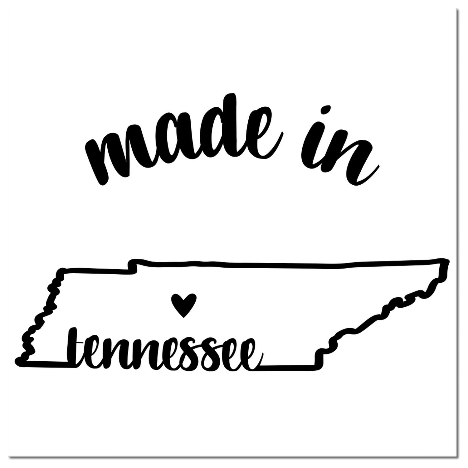 Self-Inking Handmade with Love in Tennessee Stamp featuring 'made in Tennessee' text and state outline with heart. Perfect for crafts and gifts. Black ink imprint.