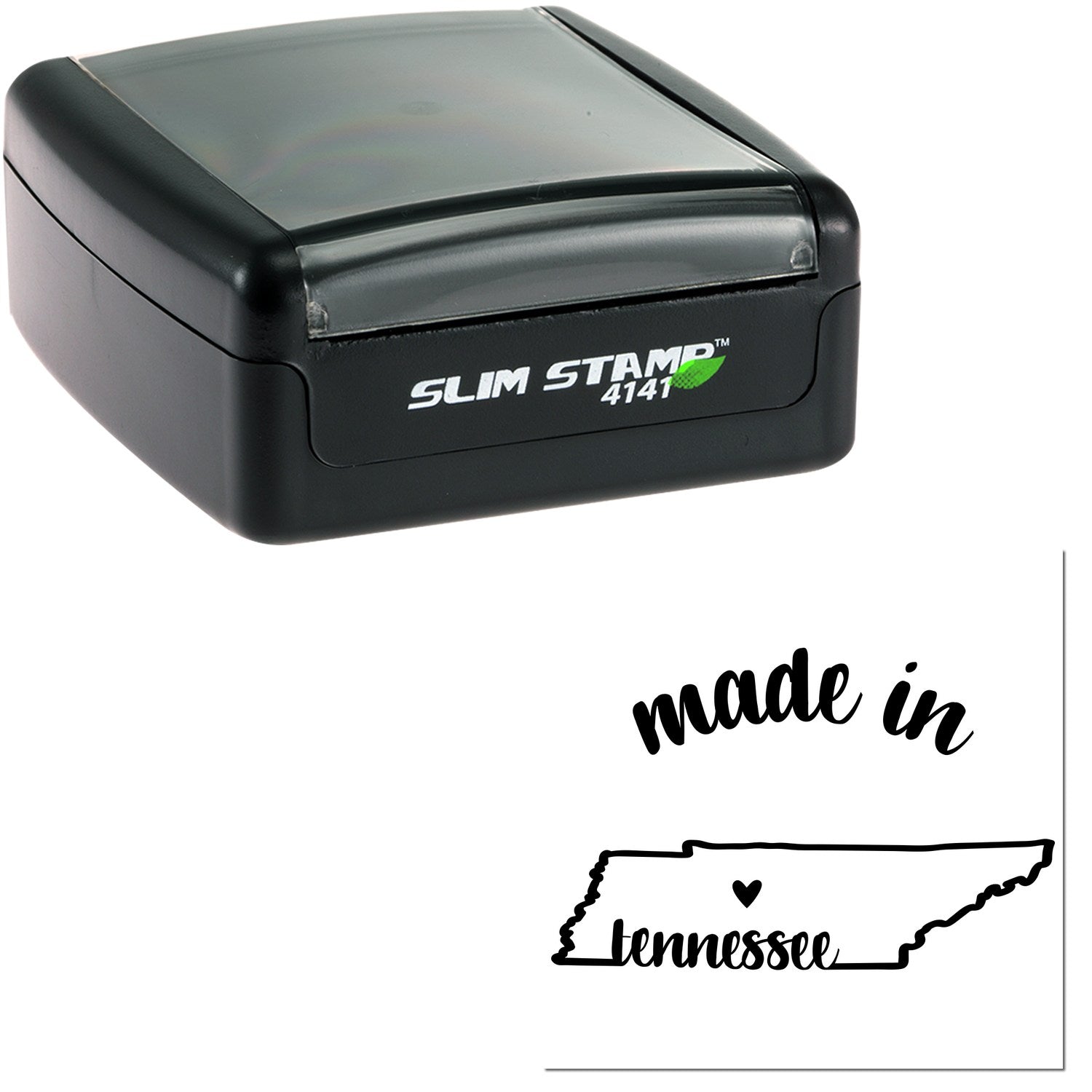 Slim Pre-Inked Stamp Tennessee Made in Stamp, featuring a sleek black design with Slim Stamp 4141 branding, and a made in Tennessee imprint with a heart on the state outline.