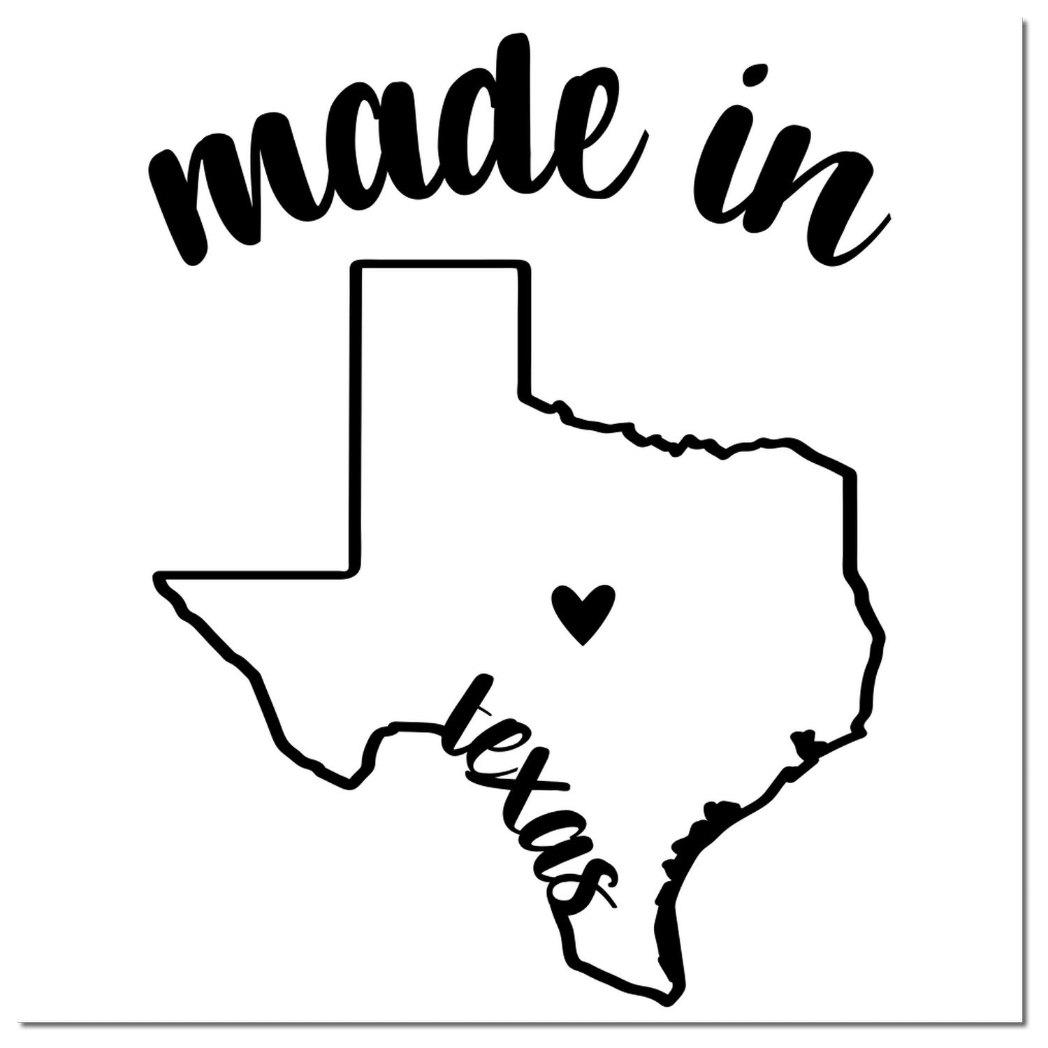 Made in Texas Stamp Pre-Inked featuring a black outline of Texas with 'made in' above and 'Texas' below, accented by a heart. Perfect for adding a Texan touch to your projects.