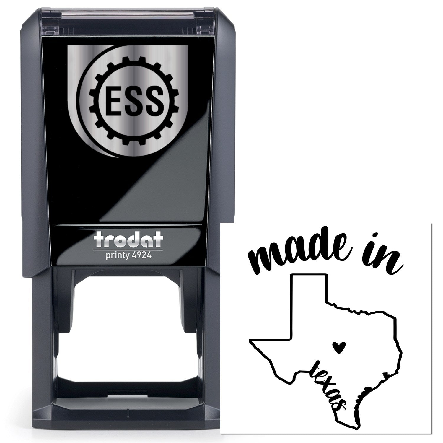 Self-Inking Handmade with Love in Texas Stamp featuring a black casing with ESS logo, and a made in Texas imprint design. Perfect for adding a personal touch to crafts and gifts.