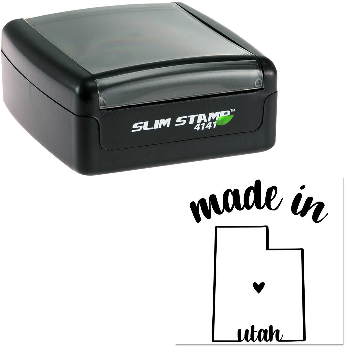 Slim Pre-Inked Stamp Utah Made in Stamp, black casing, compact design, with made in Utah imprint featuring a heart inside the state outline. Perfect for personalized stamping needs.