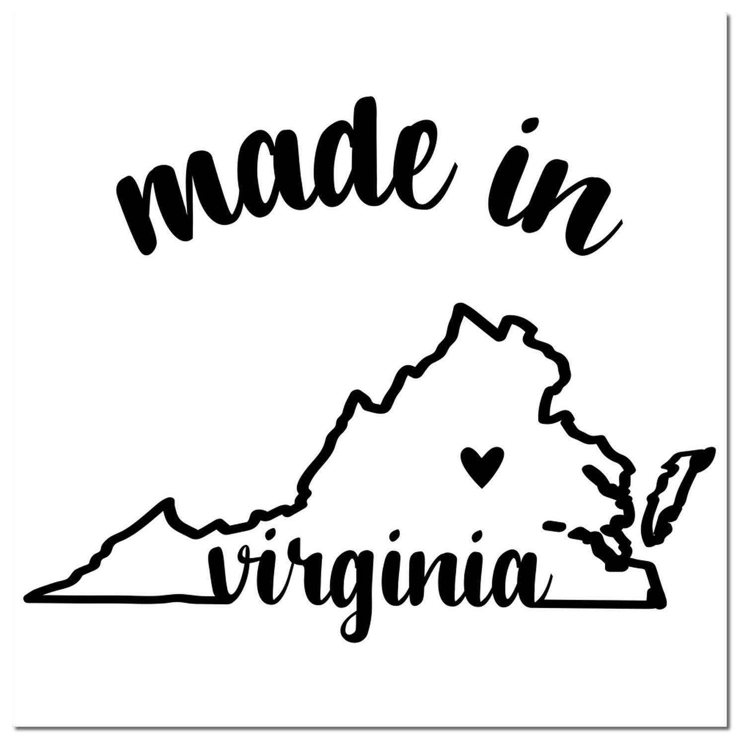 Self-Inking Handmade with Love in Virginia Stamp featuring a black outline of Virginia with 'made in Virginia' text and a heart symbol. Perfect for crafts and gifts.