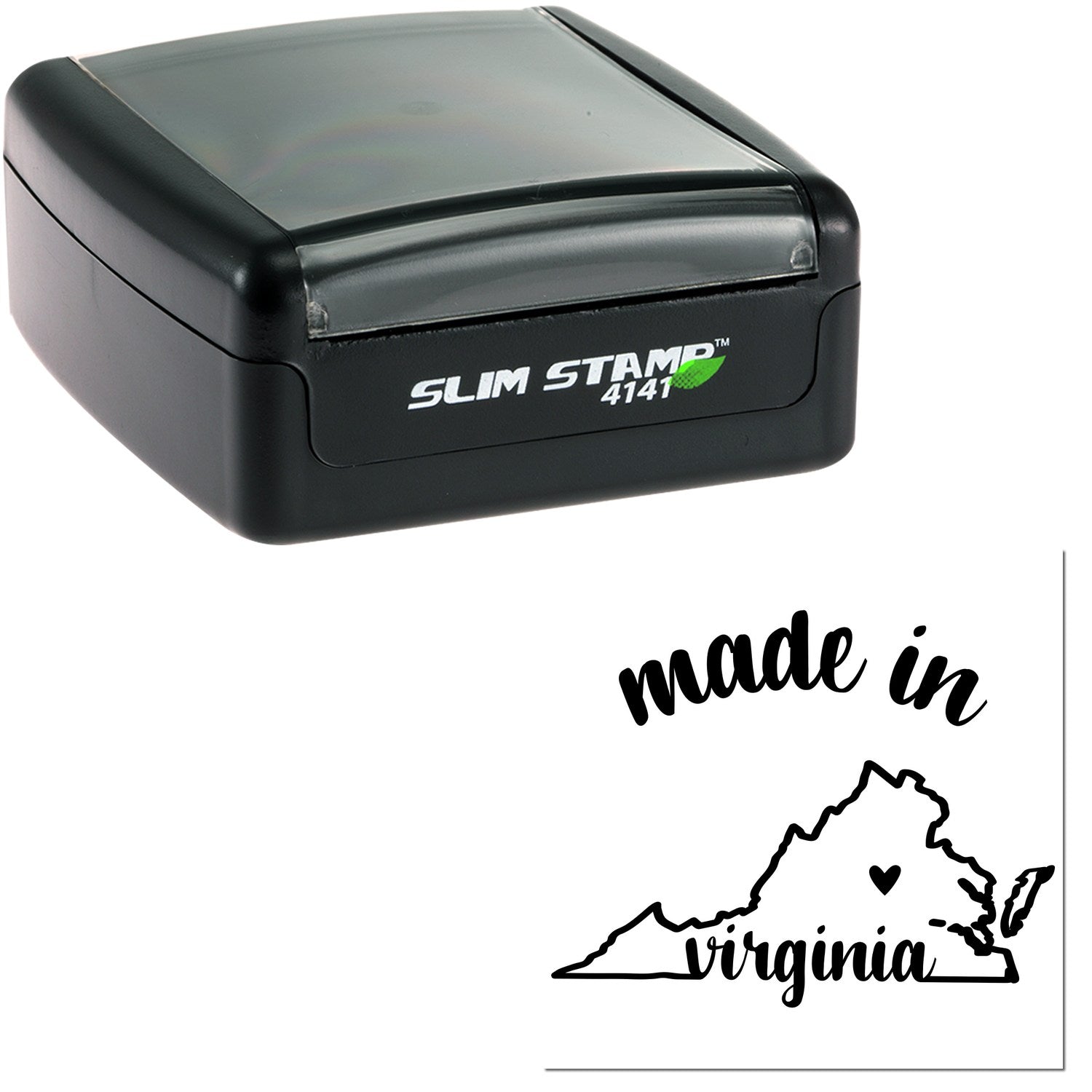 Slim Pre-Inked Stamp Virginia Made in Stamp, black casing, compact design, featuring 'made in Virginia' imprint with state outline and heart.