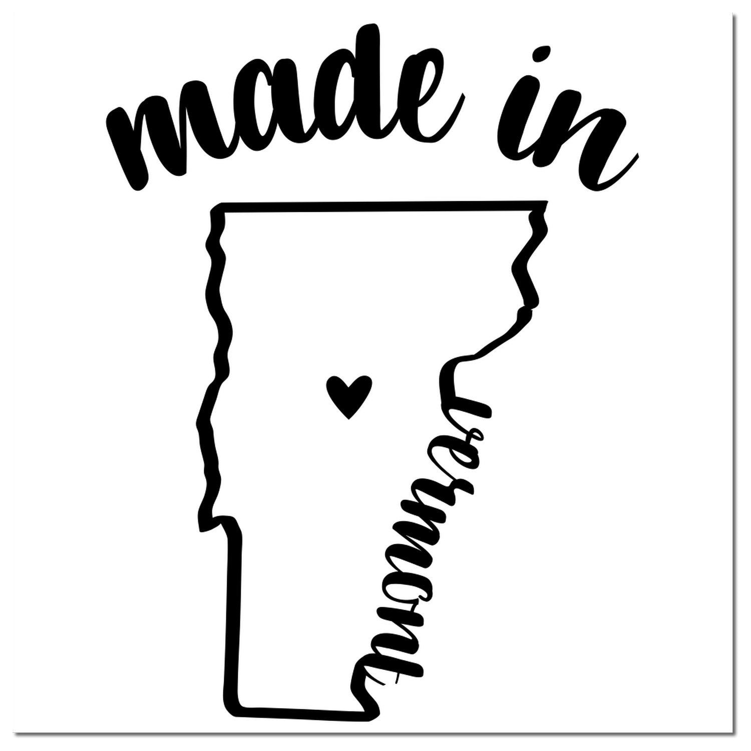 Made with Love in Vermont Rubber Stamp featuring a heart inside the Vermont state outline with stylish script text. Perfect for crafts and gifts.