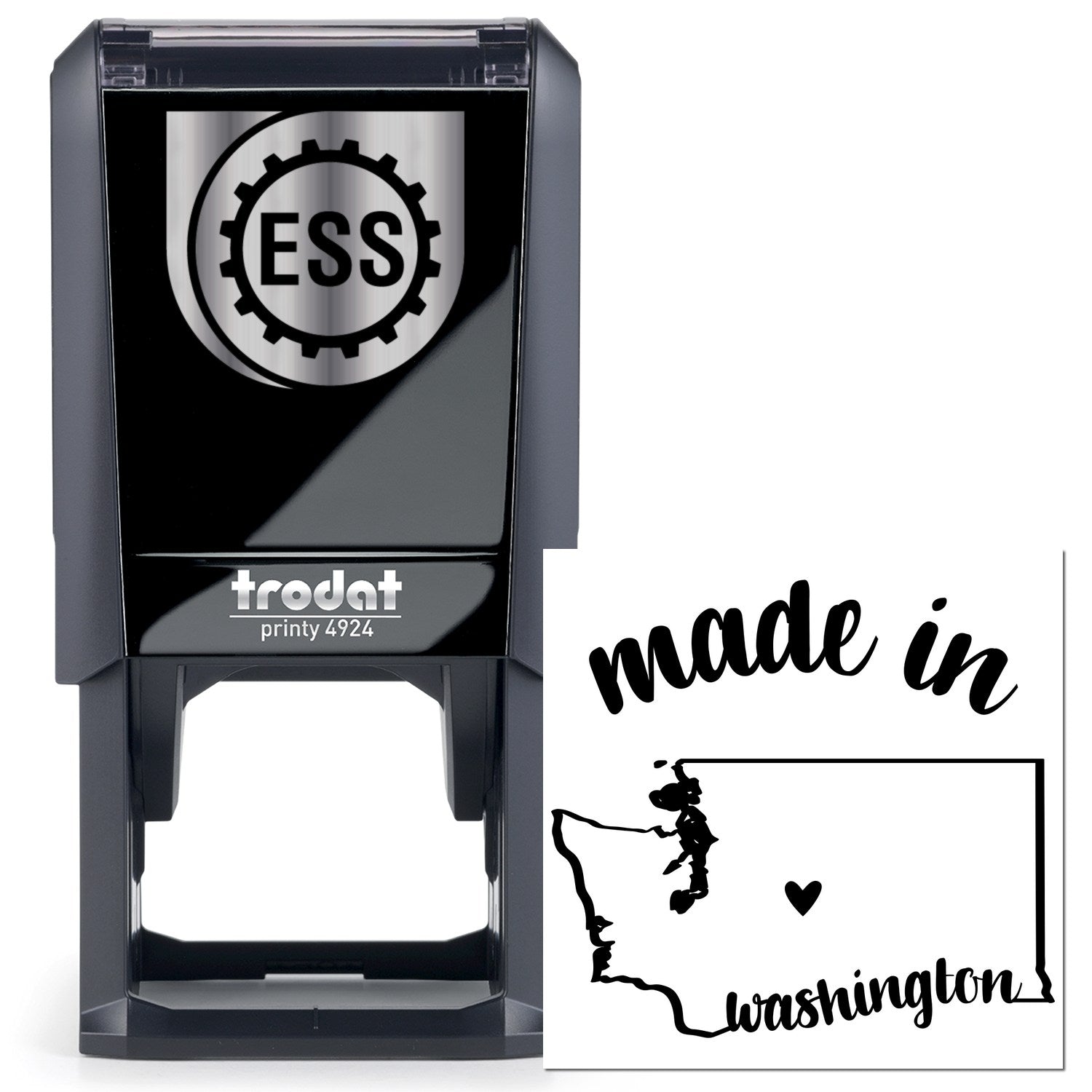 Self-Inking Handmade with Love in Washington Stamp featuring a black casing and made in Washington design. Perfect for crafts and personalized projects.