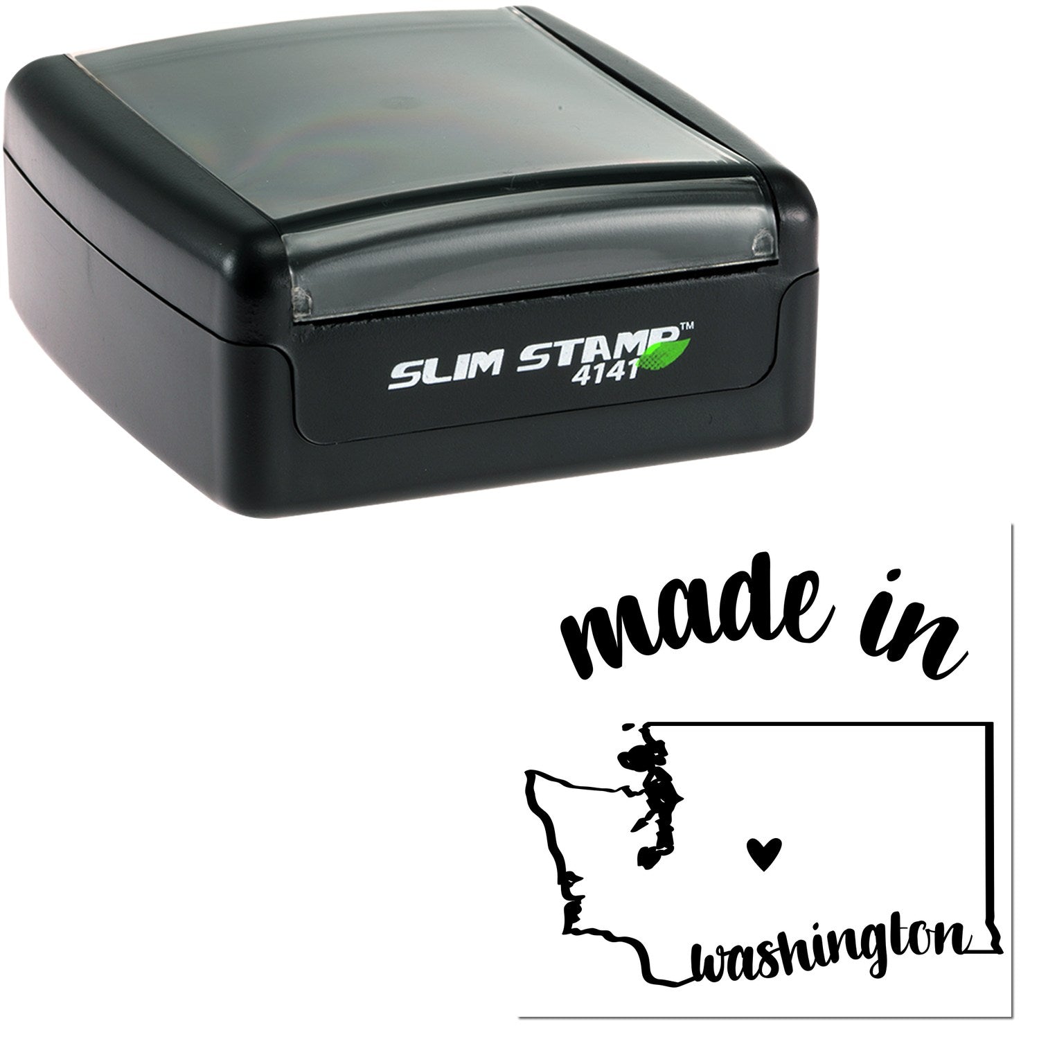 Slim Pre-Inked Stamp Washington Made in Stamp, black casing, compact design, featuring 'made in Washington' imprint with state outline and heart graphic.