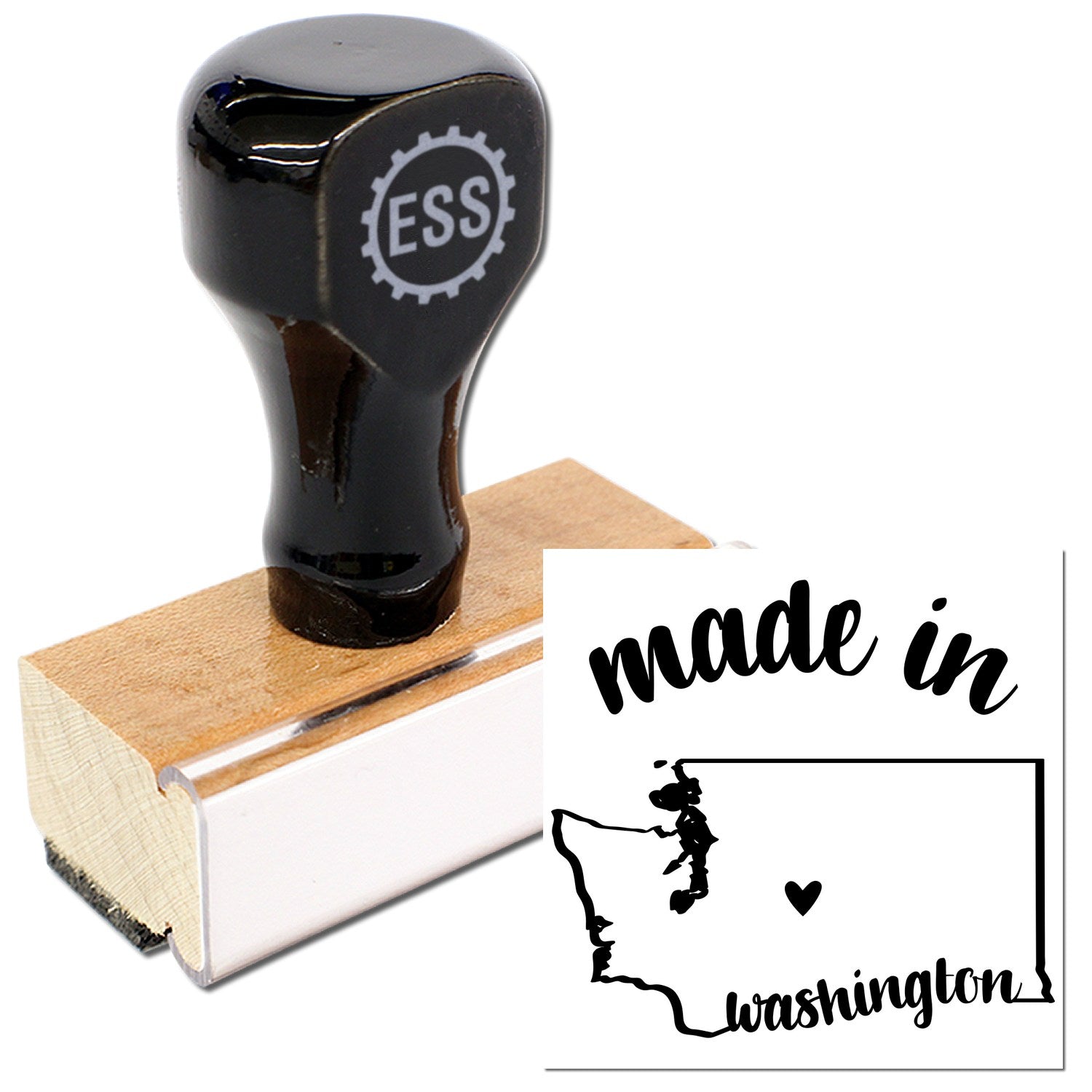 Made with Love in Washington Rubber Stamp featuring a wooden handle and black rubber design, showcasing the state outline with a heart. Perfect for crafts and personalized projects.