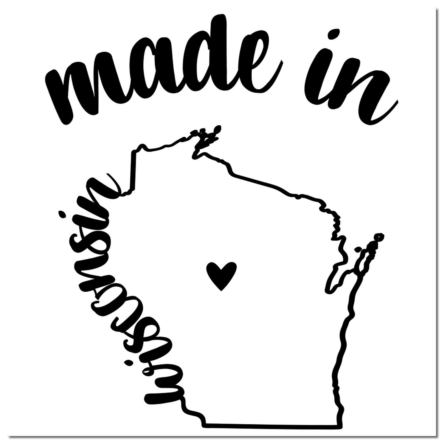 Self-Inking Handmade with Love in Wisconsin Stamp featuring a black outline of Wisconsin with a heart, and 'made in' text above. Perfect for crafts and gifts.